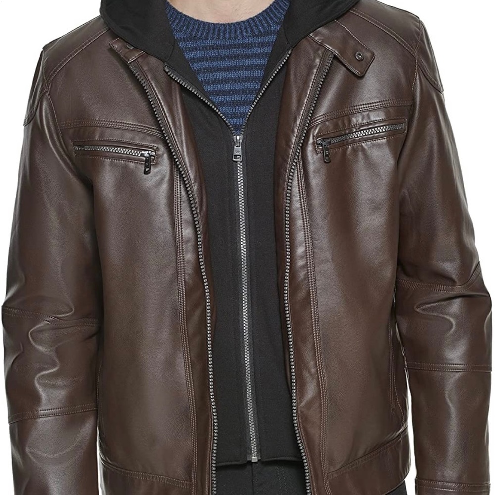 Calvin Klein Men's Faux-Leather Moto Jacket with Hoodie